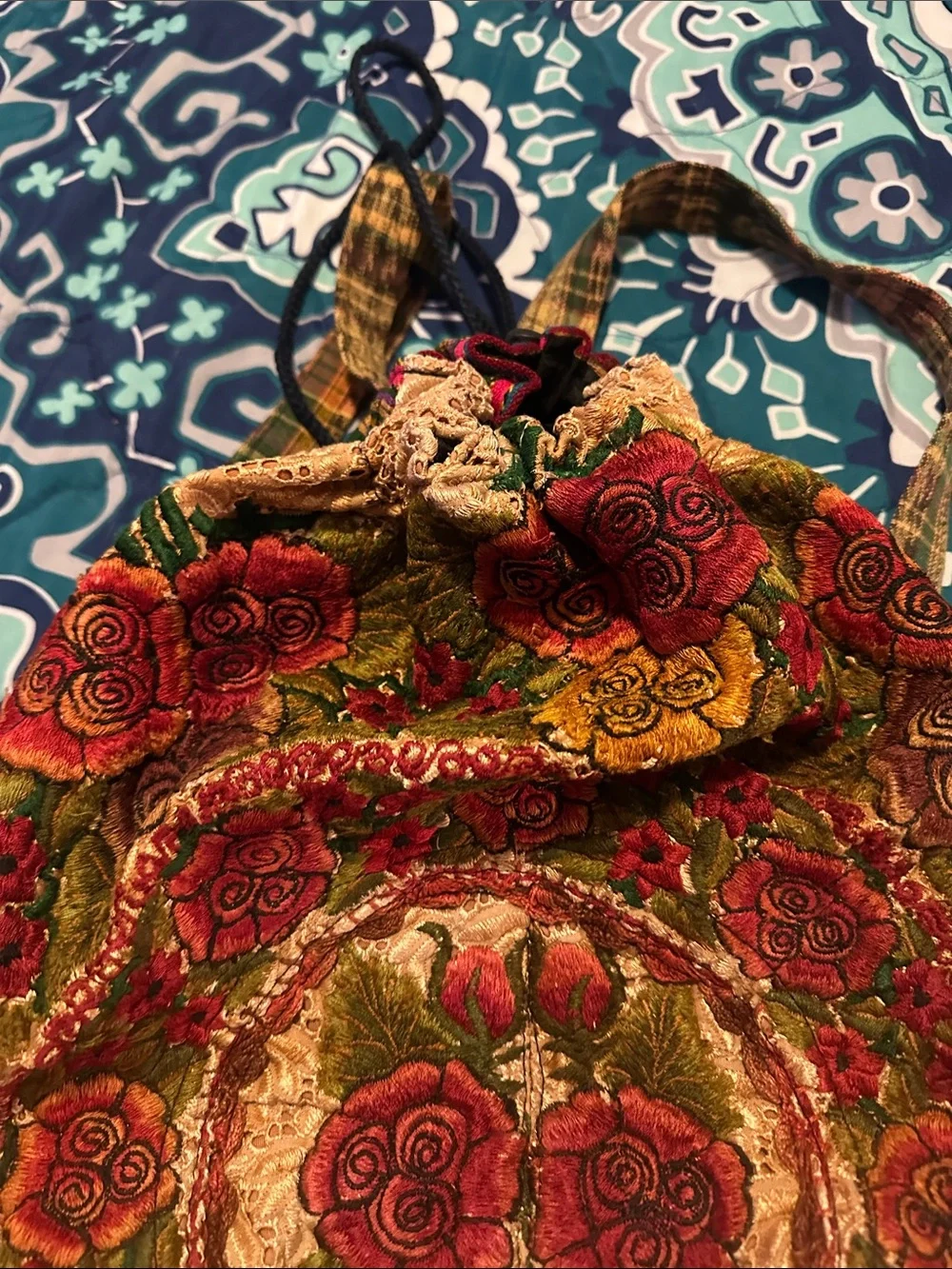 Vintage Floral Banjara Embroidered Drawstring Art Backpack